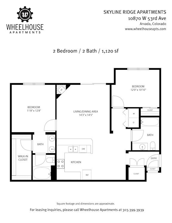 A floor plan for a 2 bedroom, 2 bath apartment at Skyline Ridge Apartments.