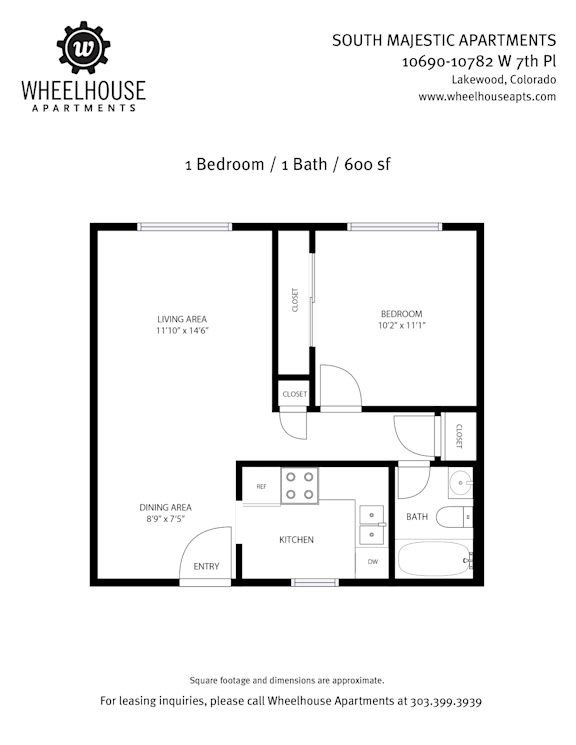 A floor plan for a 1 bedroom apartment with a living area, dining area, kitchen, and bath.