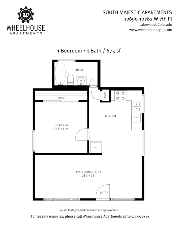 A floor plan for a 1 bedroom apartment with a bath and living/dining area.