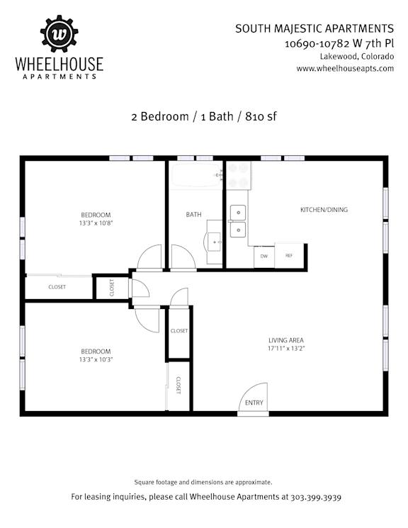 A floor plan for a 2 Bedroom / 1 Bath / 810 sq ft apartment.
