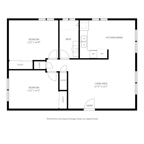 A floor plan of a house with a living area, kitchen/dining area, and two bedrooms.
