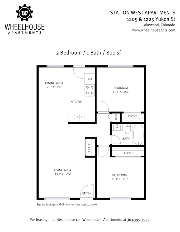 A floor plan for a 2 bedroom, 1 bath apartment at Station West Apartments.