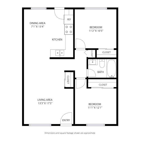 A black and white image of a floor plan for a home with a dining area, kitchen, living area, and two bedrooms.
