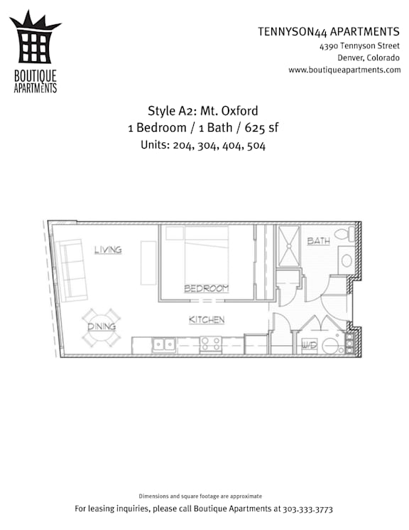 A drawing of an apartment layout for Tennyson44 Apartments.