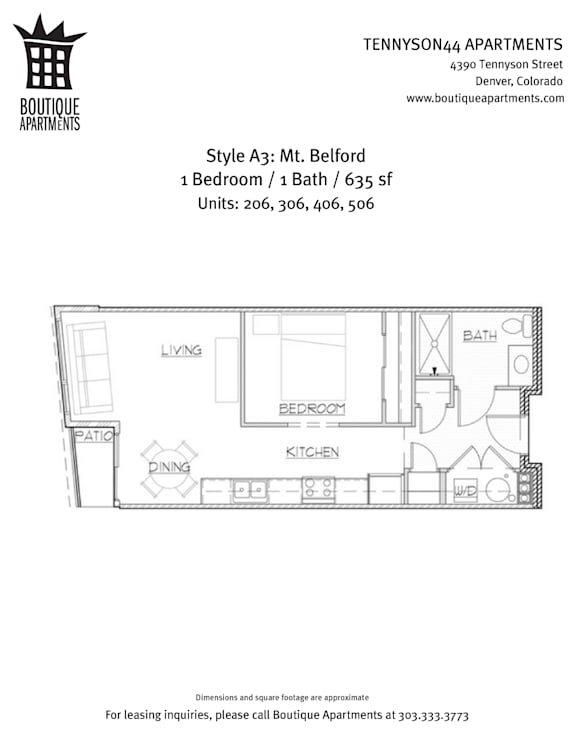 A drawing of an apartment layout for Tennyson44 Apartments.