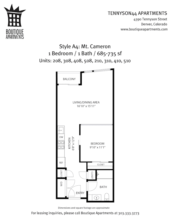 A floor plan for a 1 bedroom, 1 bath apartment at boutique apartments.