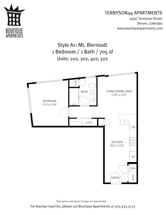 A floor plan for a 1 Bedroom/1 Bath apartment at Tennyson44 Apartments.