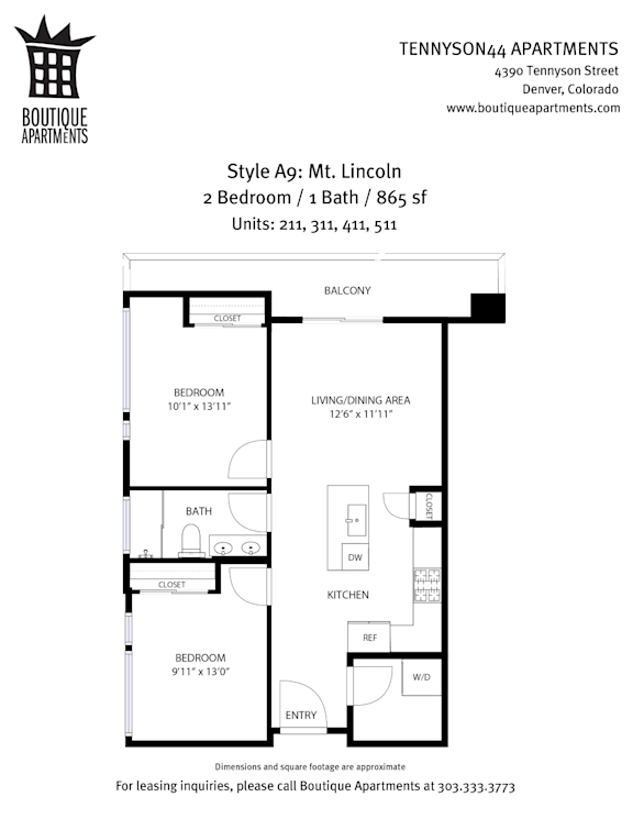 A floor plan for a 2 bedroom apartment with a living/dining area.