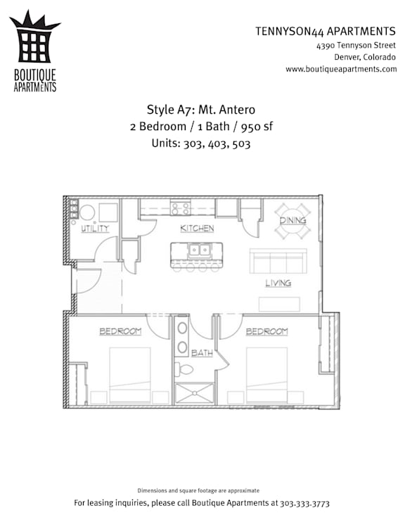 A drawing of an apartment layout is shown with a kitchen, living room, and two bedrooms.