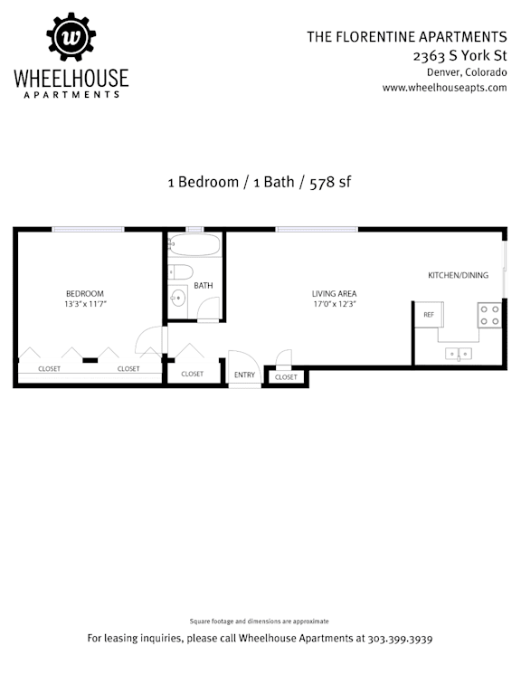 A floor plan for a 1 Bedroom/1 Bathroom apartment at The Florentine Apartments.
