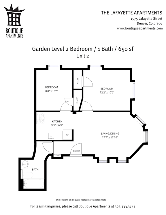 A floor plan for a 2 bedroom apartment with a garden.