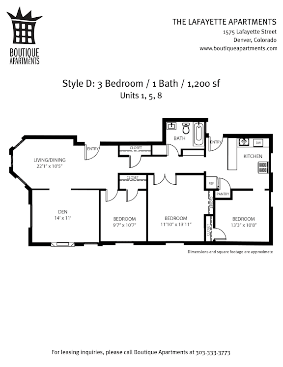 A floor plan for a 3 bedroom apartment with a living room, den, and kitchen.