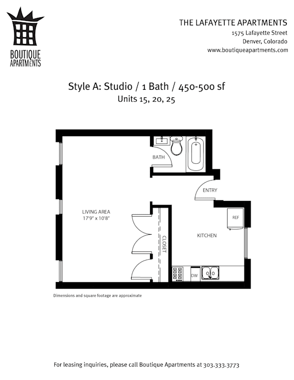 A floor plan for a studio apartment with a living area, kitchen, and bathroom.