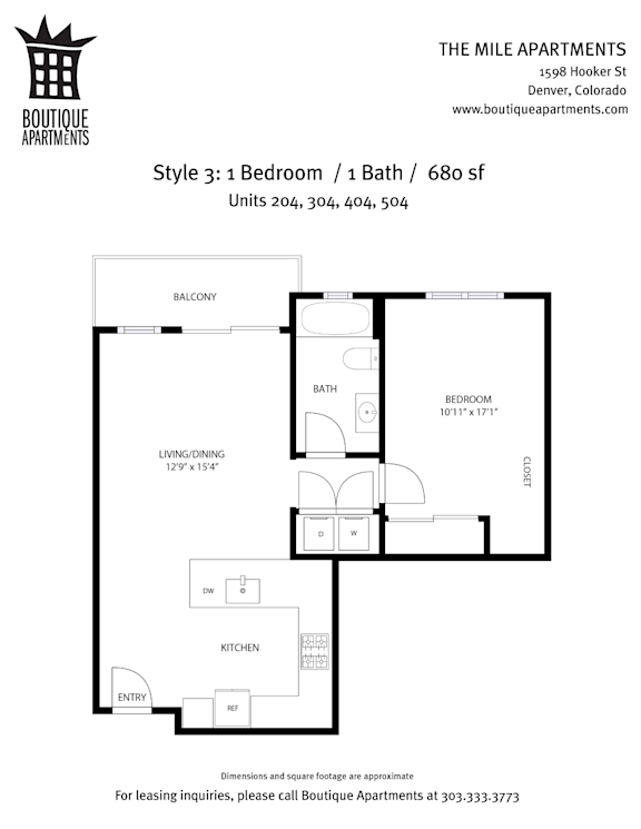 A floor plan for a 680 square foot apartment with one bedroom and one bath.