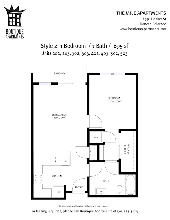 A floor plan for a 1 bedroom apartment with 1 bath and 695 square feet.