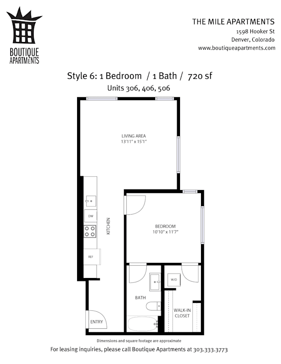 Floor plan for a 1 Bedroom / 1 Bath / 720 sf apartment.