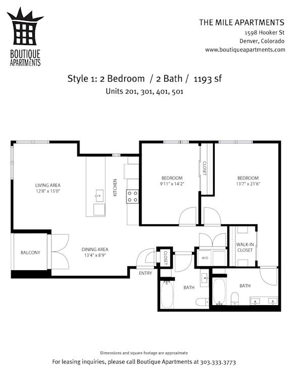 A floor plan for a 2 Bedroom / 2 Bath apartment at The Mile Apartments.