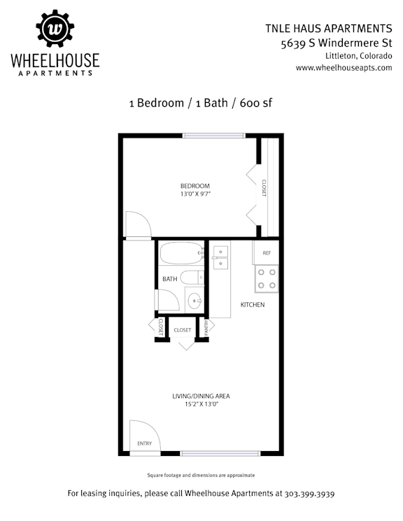 A floor plan for a 1 bedroom, 1 bath apartment at Wheelhouse Apartments.