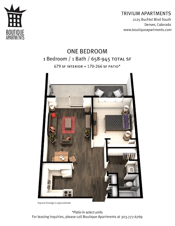 A floor plan for a one bedroom apartment at Trivium Apartments.