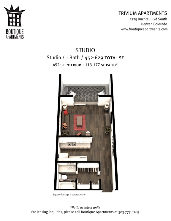 A black and white image of a studio apartment with a bathroom and a patio.