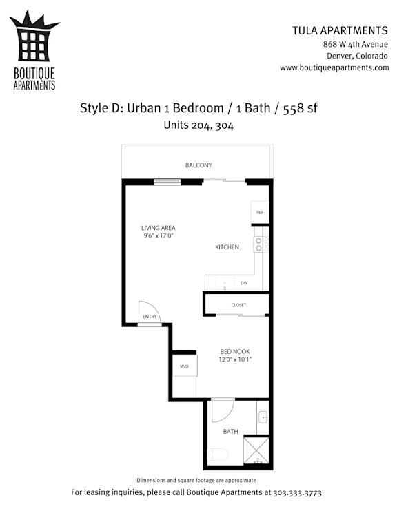 A floor plan for a 1 bedroom apartment with 1 bath and 558 square feet.