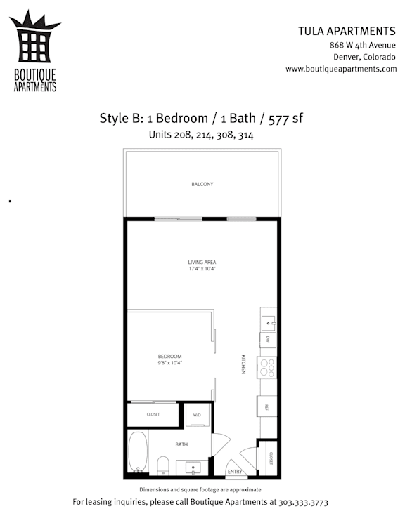 Floor plan for a 1 bedroom, 1 bath apartment at TULA APARTMENTS.