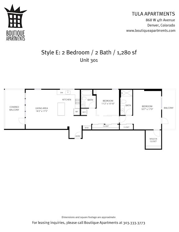 Floor plan for a 2 bedroom, 2 bath apartment.