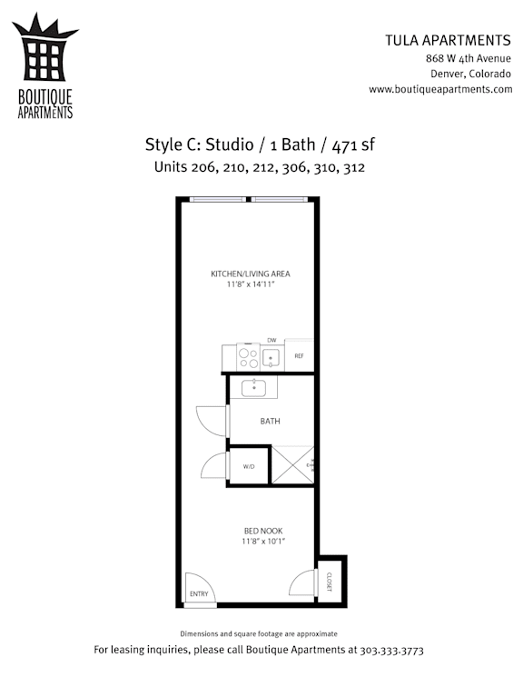 A floor plan for a TULA Apartment unit with a kitchen, living room, and bedroom.