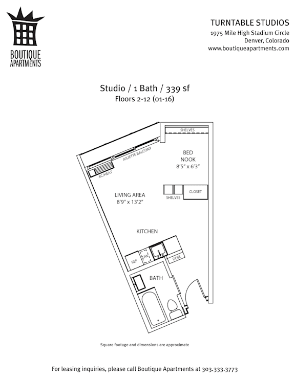 A drawing of a studio apartment layout from Turntable Studios.