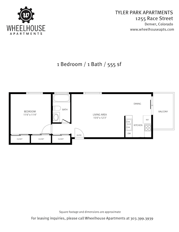 A floor plan for a 1 Bedroom / 1 Bath / 555 sf apartment at Wheelhouse Apartments.