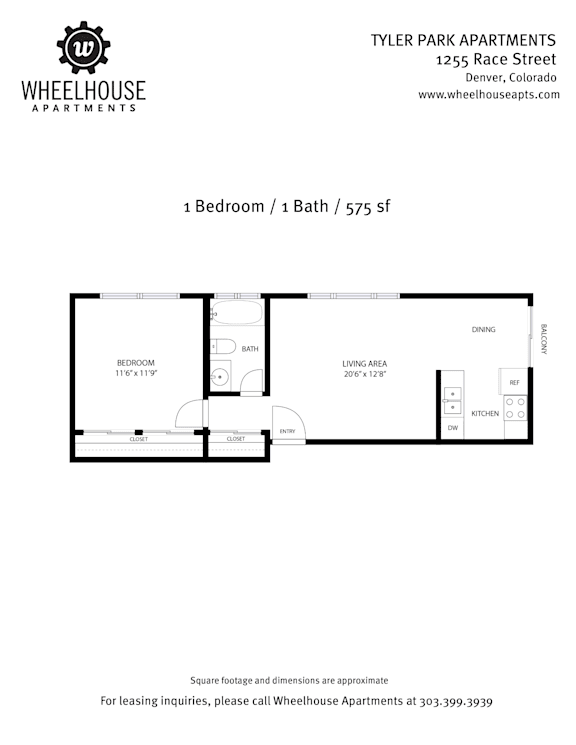 A floor plan for a 1 bedroom, 1 bath apartment at Wheelhouse Apartments.
