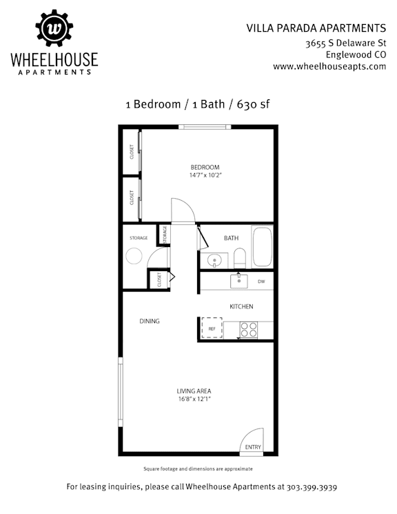 A floor plan for a one bedroom apartment with one bath and 630 square feet.