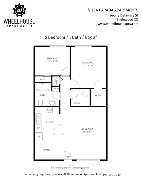 A floor plan for a 2 Bedroom / 1 Bath / 825 sf apartment.