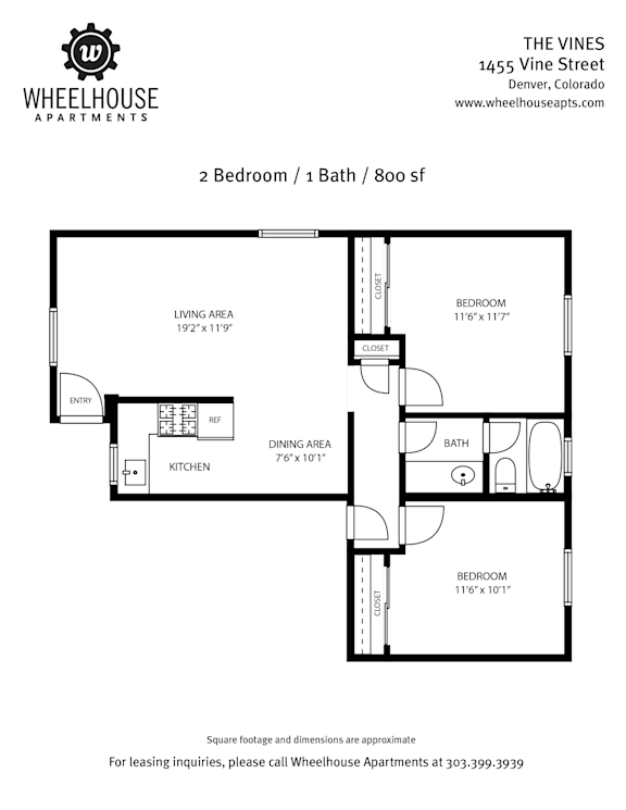 A floor plan for a 2 bedroom, 1 bath apartment at The Vines.