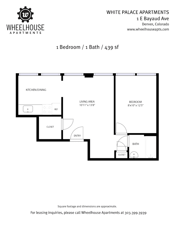 A floor plan for a 1 bedroom/bath apartment at White Palace Apartments.