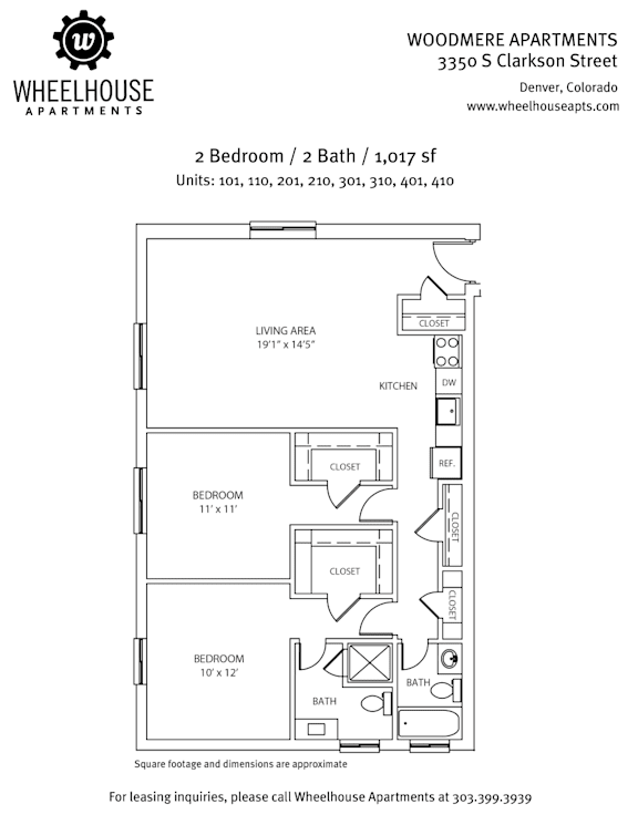 A floor plan for a 2 bedroom, 2 bath apartment at Wheelhouse Apartments.