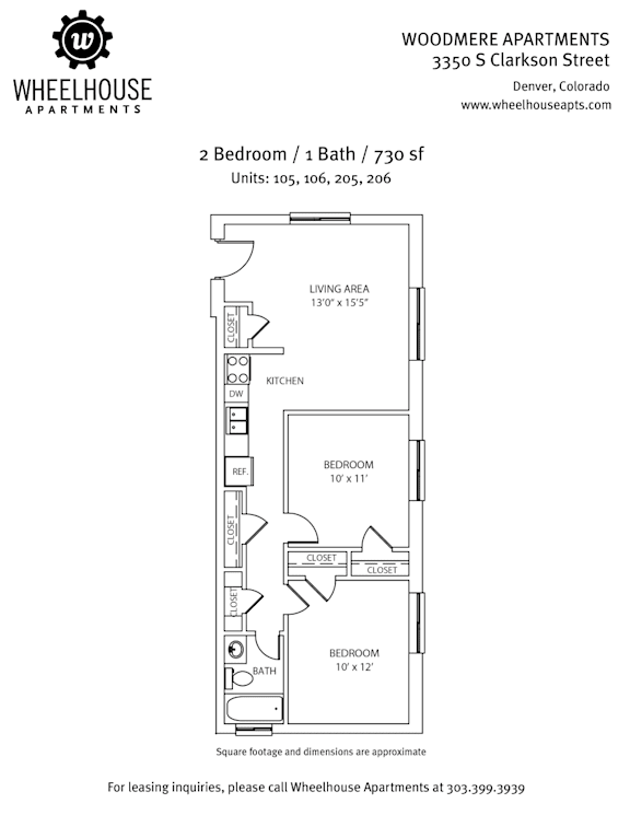 A floor plan for a 2 bedroom, 1 bath apartment at Wheelhouse Apartments.
