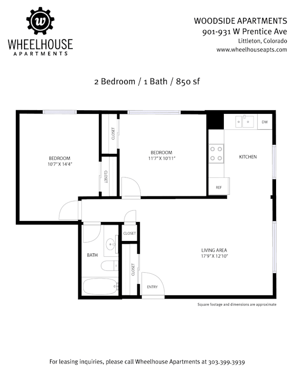 A floor plan for a 2 Bedroom / 1 Bath / 850 sf apartment.