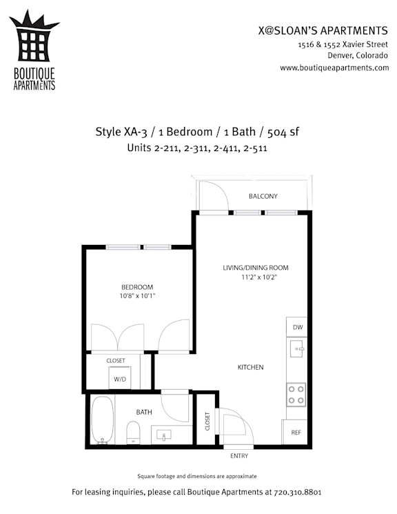 A floor plan for a 504 square foot apartment with one bedroom and one bath.
