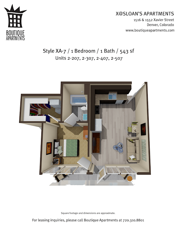 A floor plan of a studio apartment with a kitchen, living room, and bathroom.