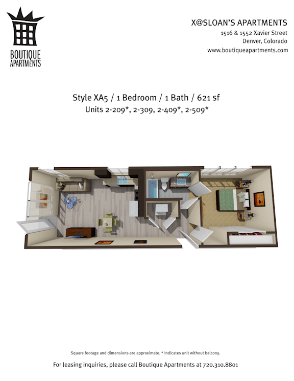 A floor plan for X@Sloan's Apartments showing a studio apartment layout.