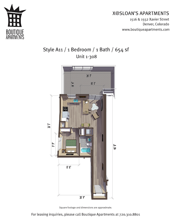 A floor plan for a 1 bedroom, 1 bath apartment with a 654 square foot area.