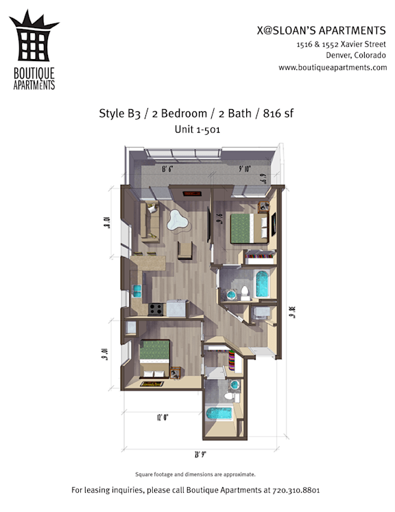 A floor plan for a Boutique Apartments unit shows a layout with two bedrooms and two bathrooms.