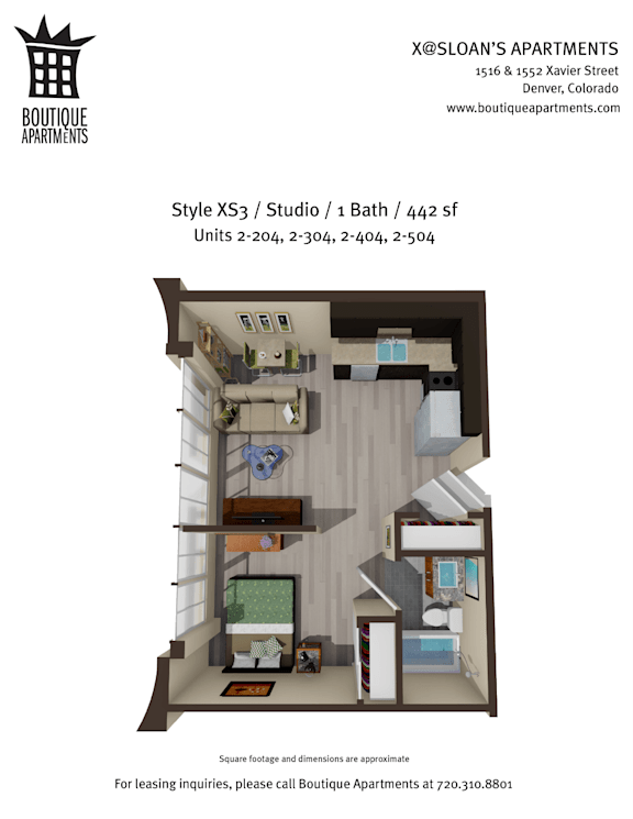 A floor plan of a studio apartment with a bathroom and a kitchen.