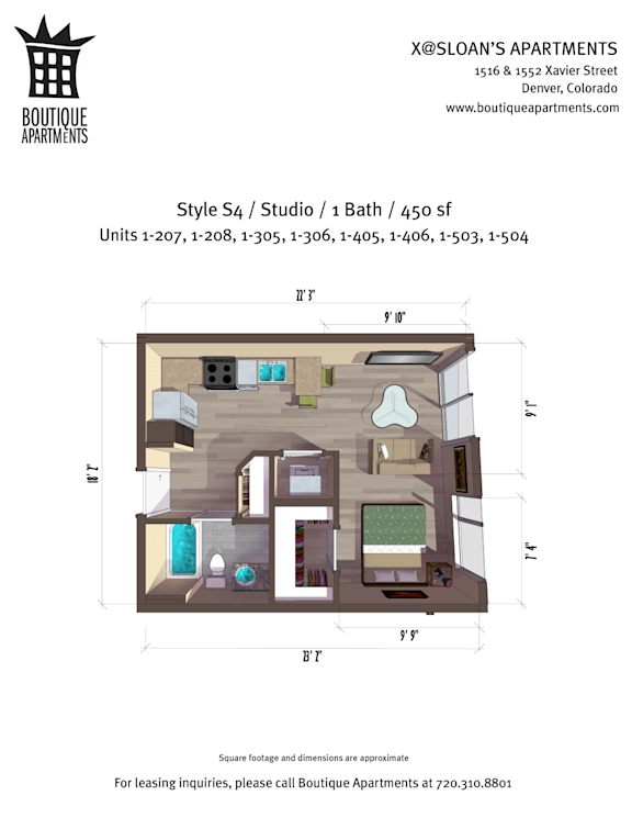 A floor plan for a studio apartment with a bathroom and a kitchen.