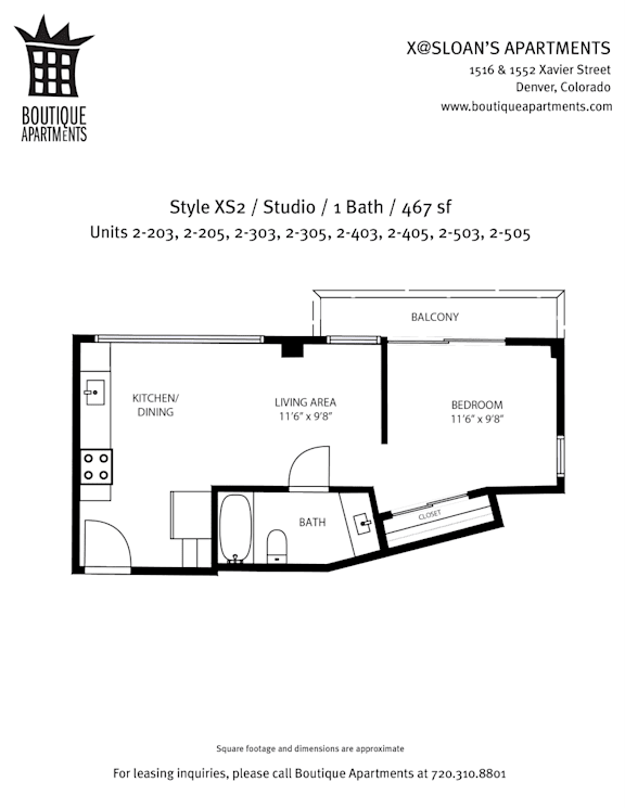 A floor plan for a studio apartment with a kitchen, bath, and living room.