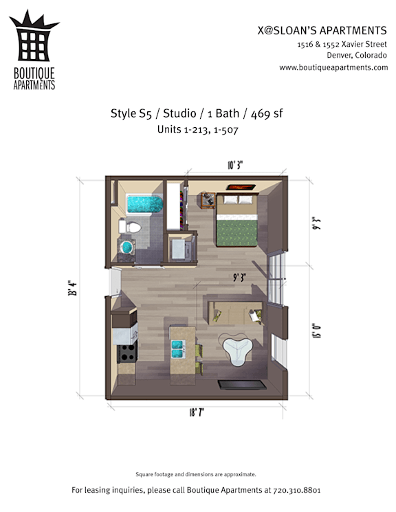 A floor plan for a studio apartment with a bathroom and a bed.