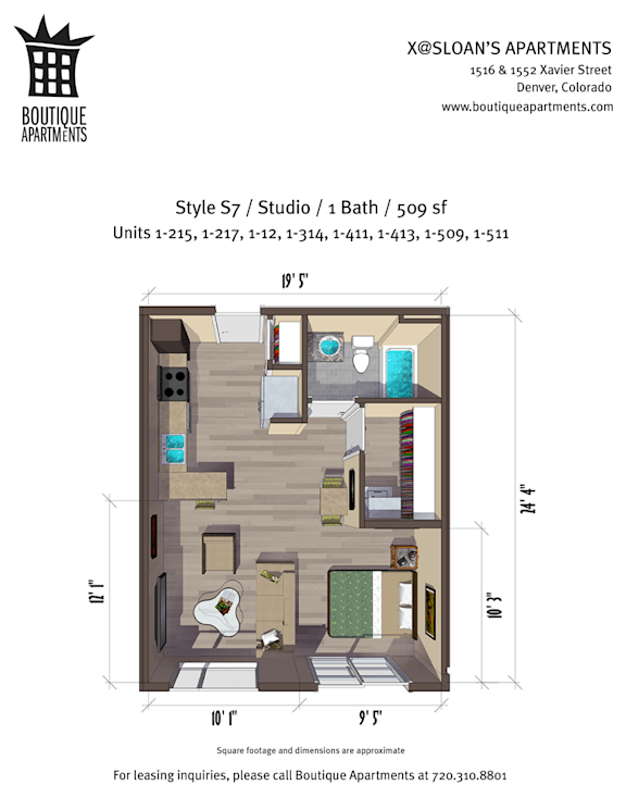 A floor plan for a studio apartment with a bathroom and a bedroom.