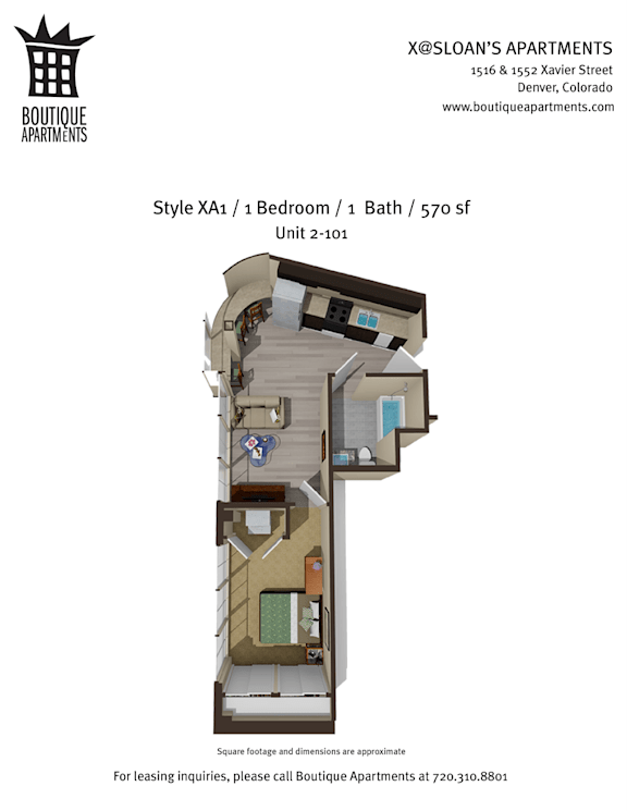 A floor plan of a one bedroom apartment with a living room, kitchen, and bathroom.