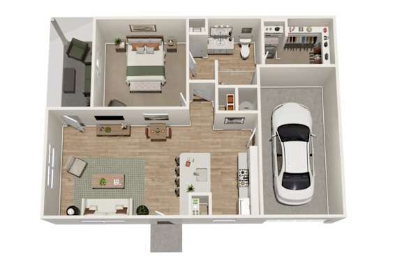 A top-down view of a house layout with a kitchen, living room, bedrooms, and a garage.